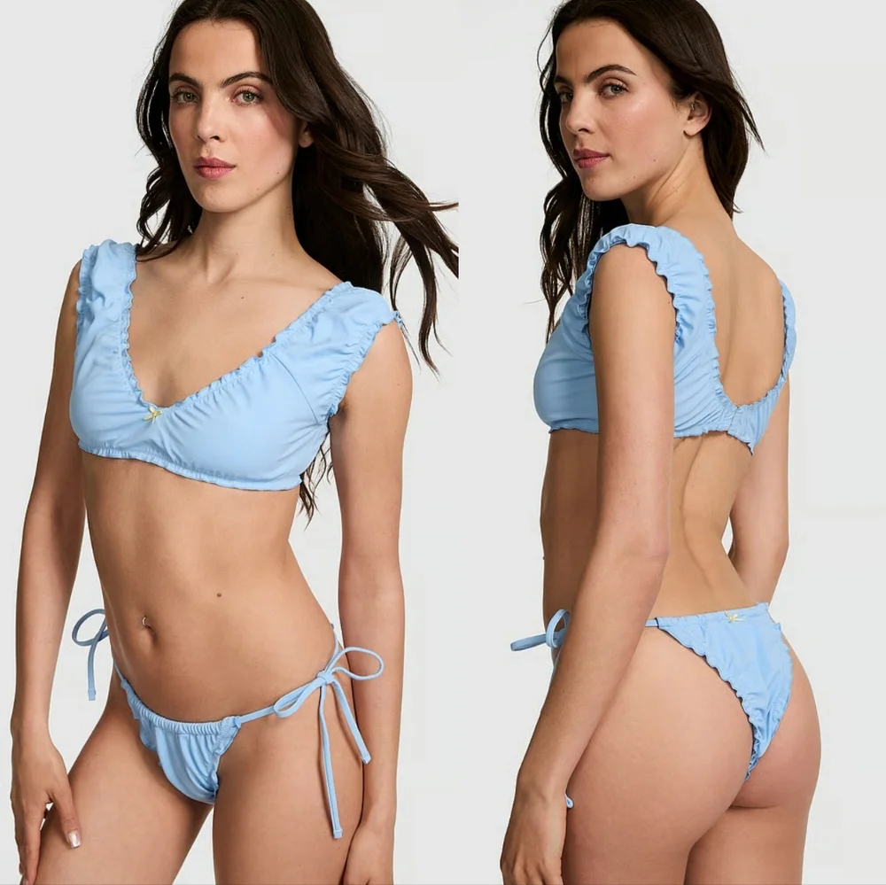 New!Frankies Bikini‎ x Pink Light Blue Ruffled Bikini Set